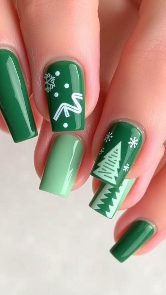 Festive Green Christmas Nails for Short Square Shapes Short square nails in green with Christmas designs, including snowflakes and trees, displayed elegantly.